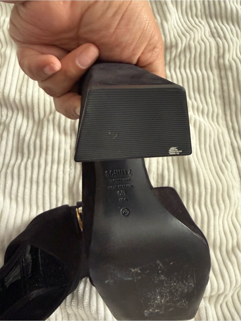 Women's Black Suede Heeled Mules with Gold Accent - Picture 6 of 7